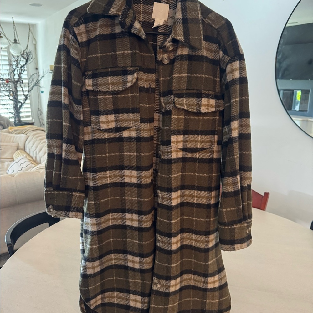 H&M Olive and Cream Plaid Utility Jacket